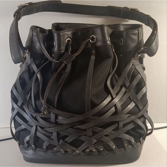Etienne Aigner Black Vegan Leather Basket Weave Drawstring Hobo Bag - Picture 1 of 9